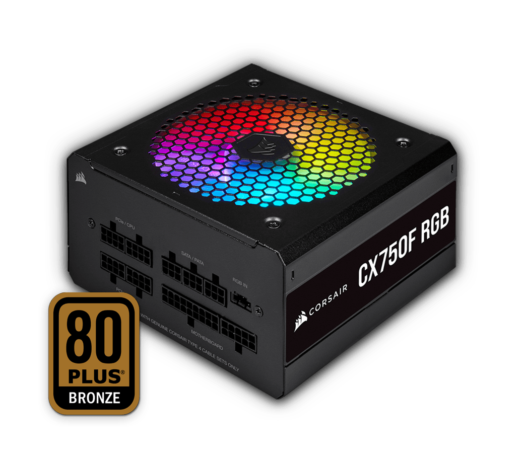 A Corsair CX 750 F power supply unit with a rainbow colored RGB fan with an 80 plus Bronze rating, described as Good