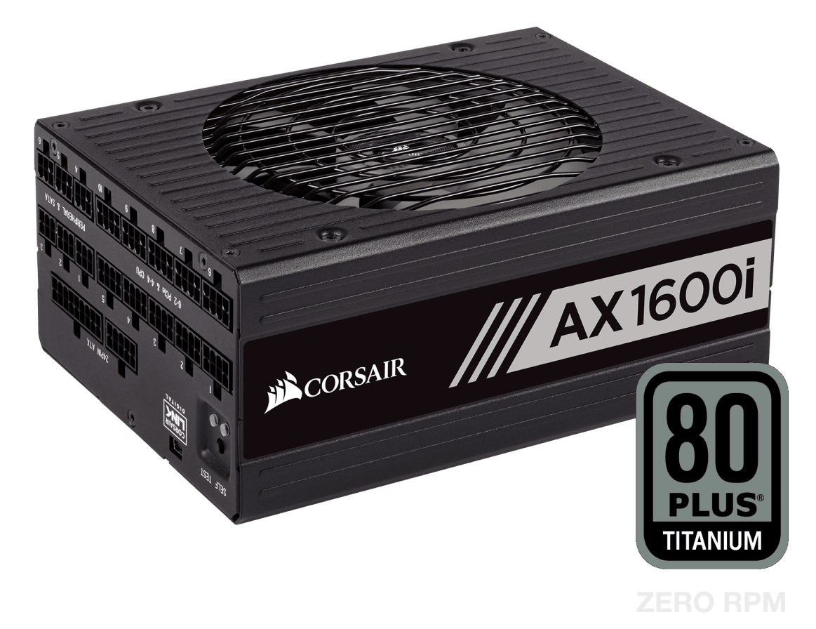 A Corsair AX 1600 I power supply unit with an 80 plus platinum rating and ZERO RPM, described as zero compromise.